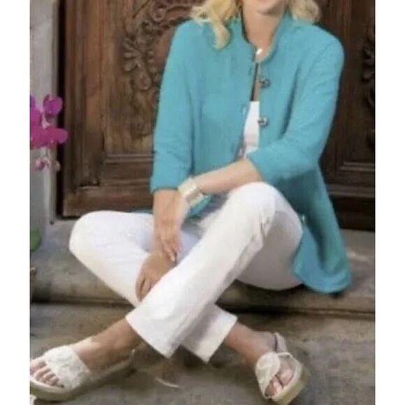 Soft Surroundings Teal Textured Knit Wear Anywhere Long Slv Cardigan Sz 2X Boho - Picture 1 of 14